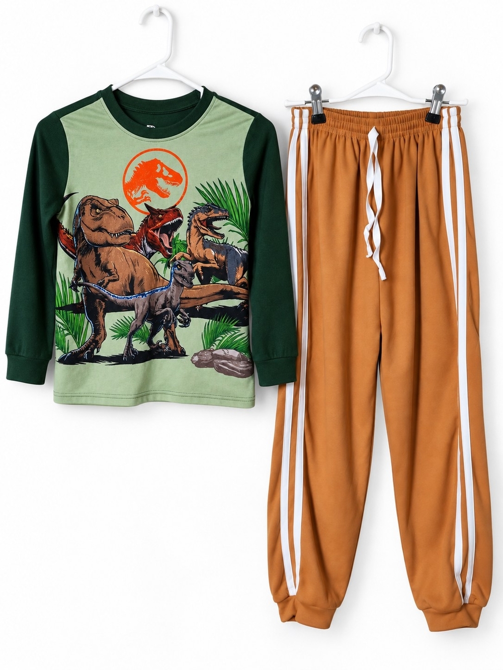 Dinosaur Graphic Pajama Set - Green Top & Brown Pants